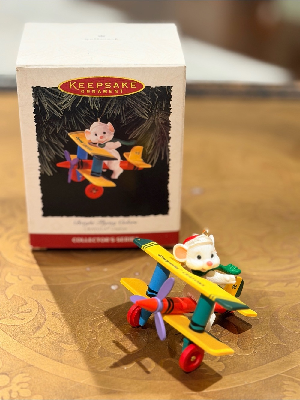 1996 Hallmark Keepsake Crayola Yellow & Red Airplane Ornament with White Bear